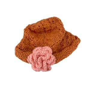Handcrafted Crochet Baby Hat With Pink Flower Accent In Soft Brown